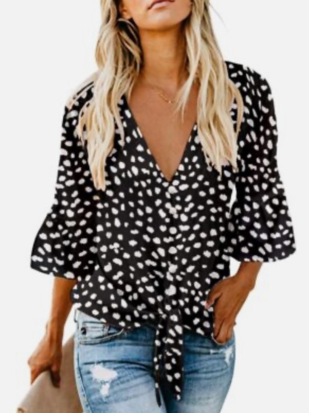 Kancystore Womens XL Button Down V Neck Tie Knot Front Tops 3/4, Black White
